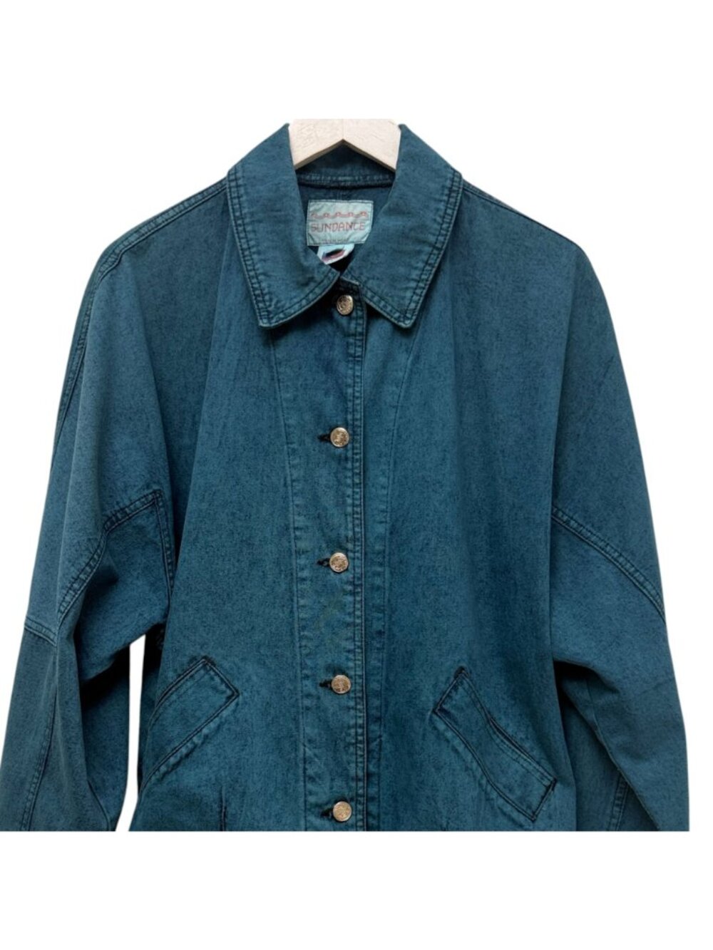 Vintage Sundance Denim Jacket Medium Teal Blue Button-Front Acid Wash 80s 90s - Picture 7 of 8